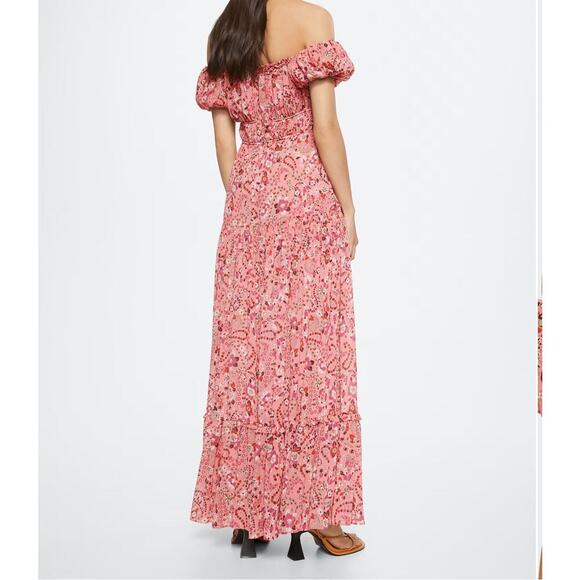 Mango Ruched off shoulder Floral Pink Boho Dress Slit Size 4 - Picture 7 of 11